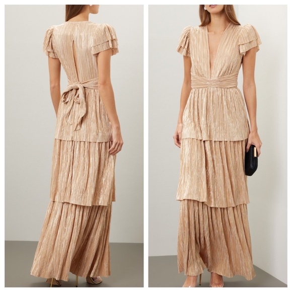 Sabina Musayev Dresses & Skirts - Sabina Musayev MAZE Gold Tiered Maxi Dress Ruffle Sleeve Tie - MEDIUM